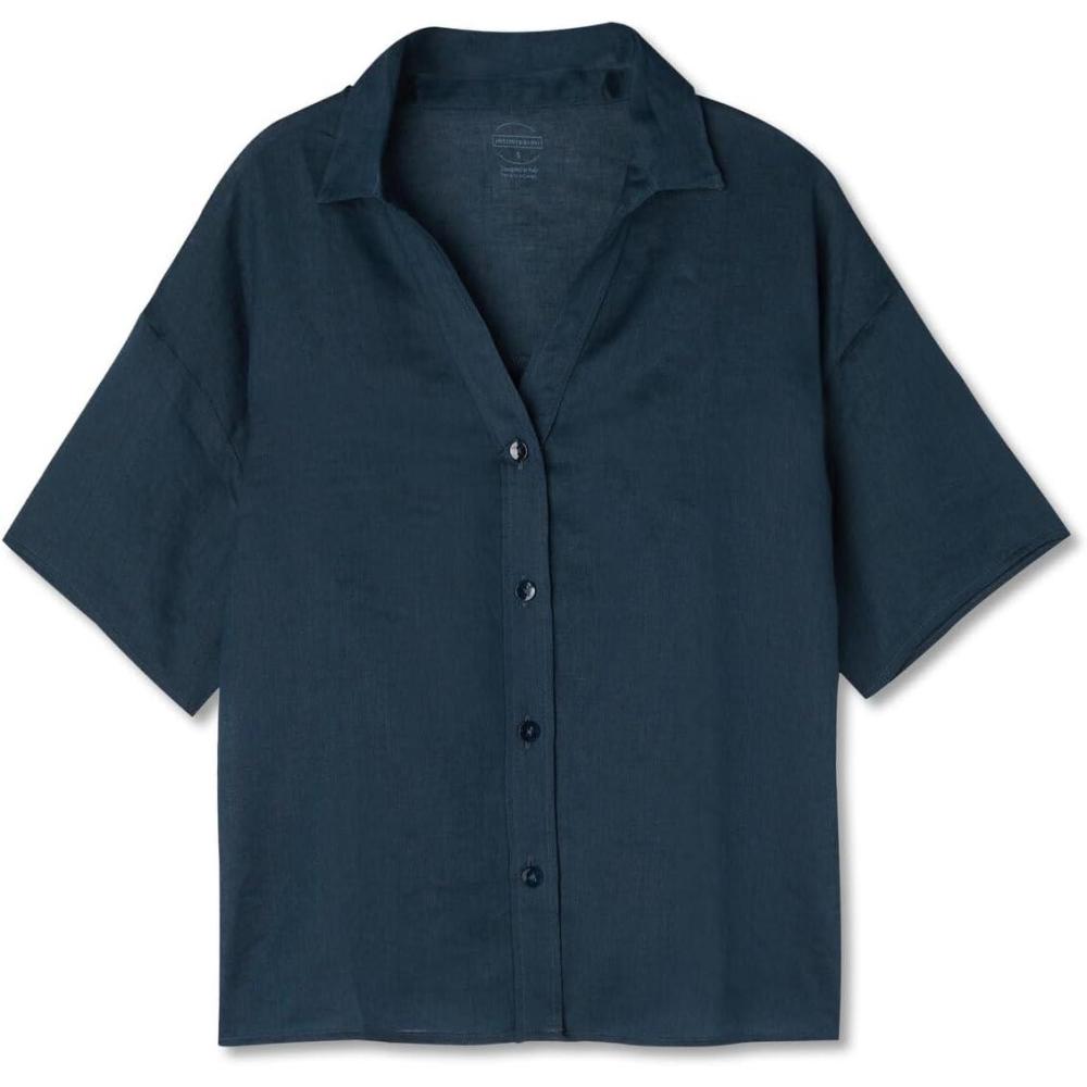 imageWomans The Pure Linen Short Sleeve Shirt in Linen FabricBlue  Sailor Blue