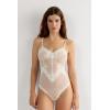Woman’s Pretty Flowers Tulle and Lace Bodysuit(Ivory – Powder White)