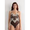 Woman’s Pretty Flowers Tulle and Lace Bodysuit(Multicolor – Black/Ivory)