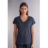 Woman’s The Pure Linen Short Sleeve V-Neck Top in Linen(Blue – Sailor Blue)